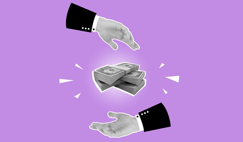Artistic illustration of hands exchanging money on a vibrant purple background, symbolizing finance and business